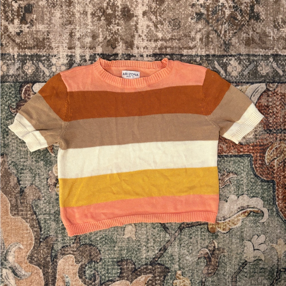 Arizona Jean Company Short Sleeve Striped Tee in Coral, Mustard, Cream, Tan